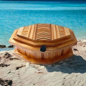 Woven Bamboo Rattan Trinket Box Jewelry Felt Lined Hinged Lid Coffin Shaped Vtg.